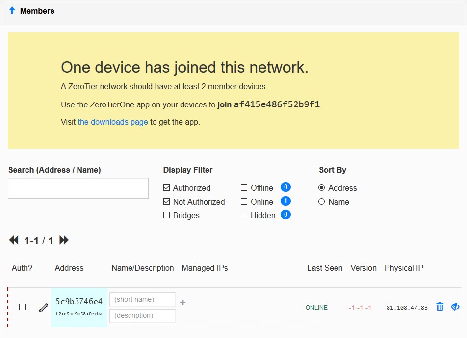 ZeroTier device has joined the network
